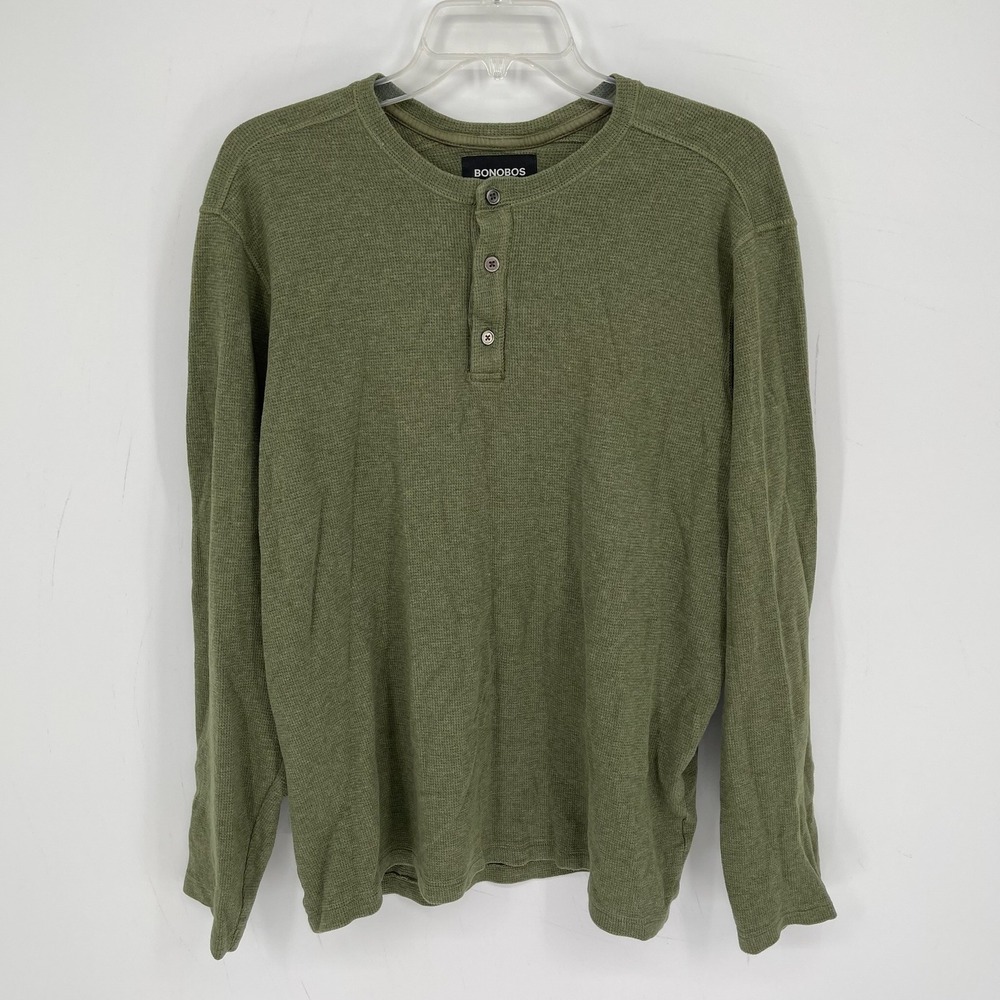 Bonobos Men's Green Waffle Knit Henley Fall Layering Thermal Shirt Top Size L